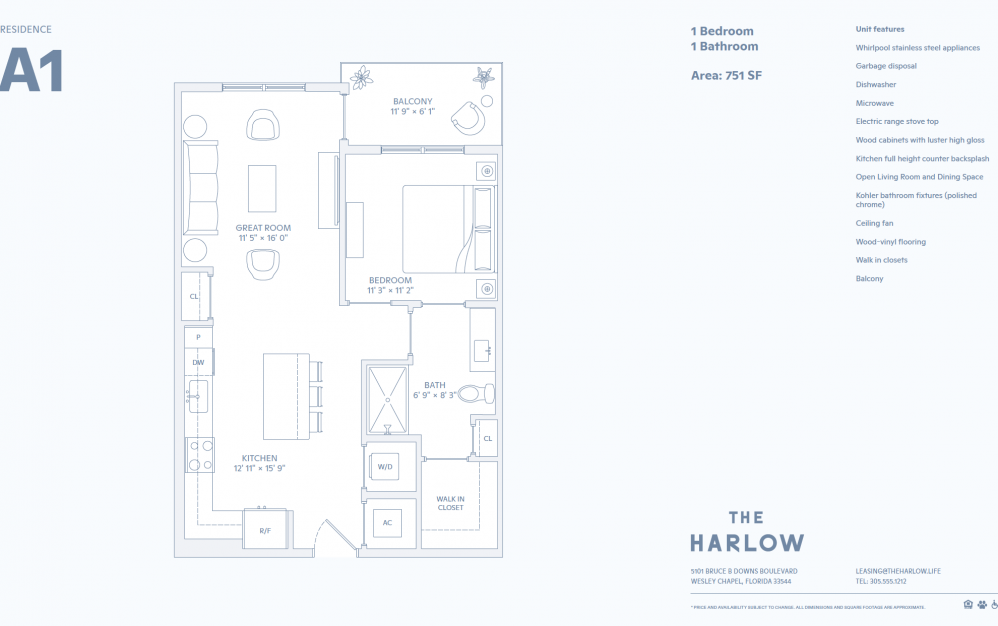 A1 - 1 bedroom floorplan layout with 1 bath and 751 to 757 square feet. (2D)
