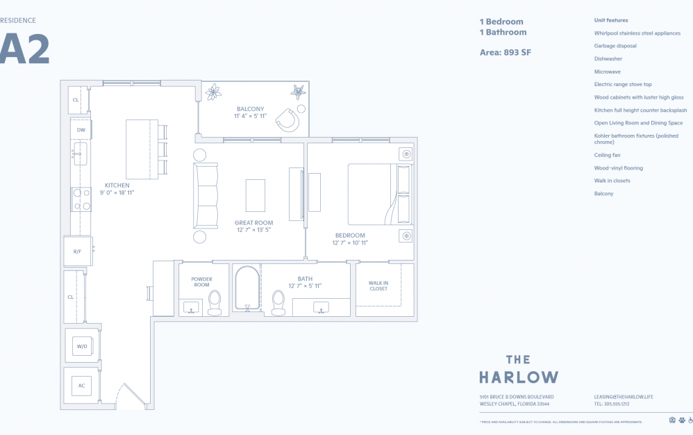 A2 - 1 bedroom floorplan layout with 1 bath and 893 square feet. (2D)