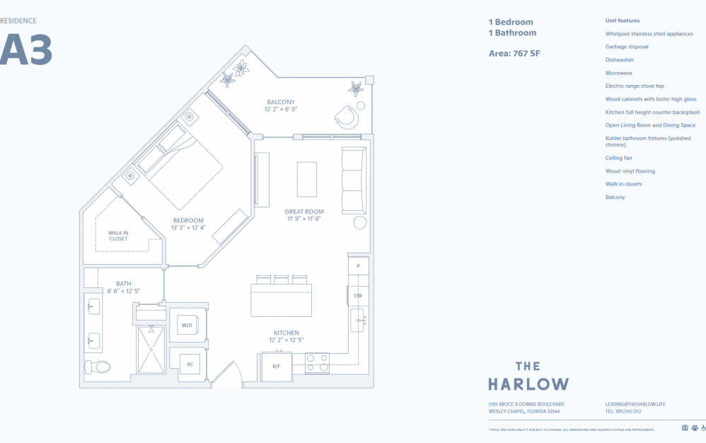 A3 - 1 bedroom floorplan layout with 1 bath and 767 square feet. (2D)