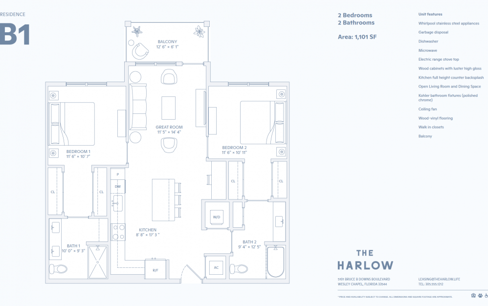 B1 - 2 bedroom floorplan layout with 2 baths and 1101 square feet. (2D)