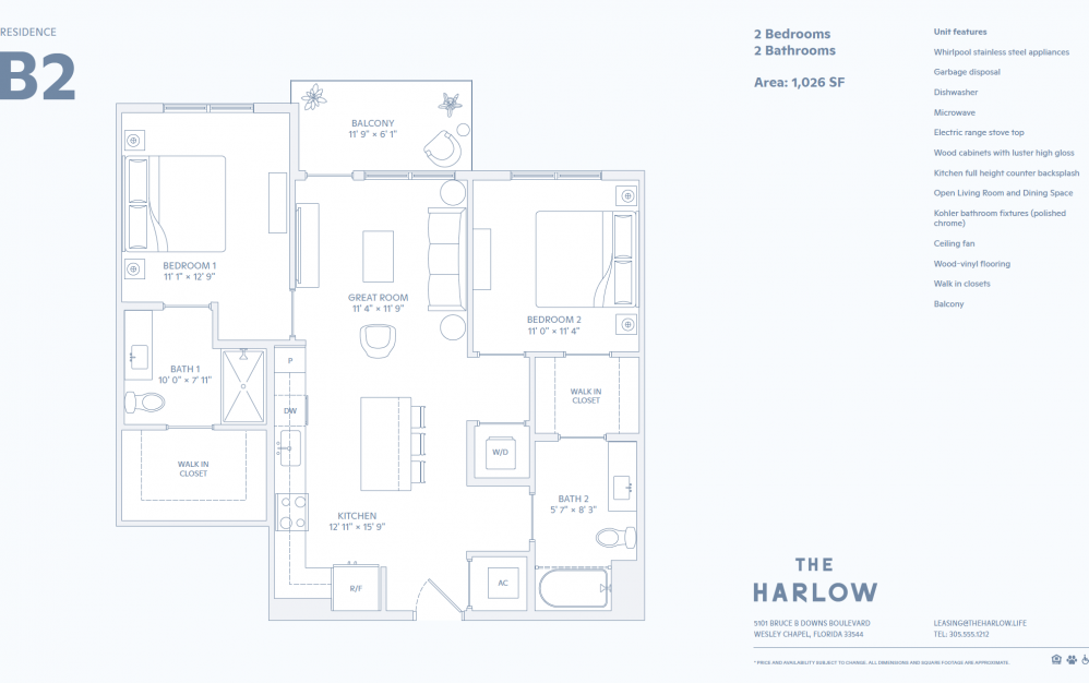 B2 - 2 bedroom floorplan layout with 2 baths and 1003 to 1030 square feet. (2D)