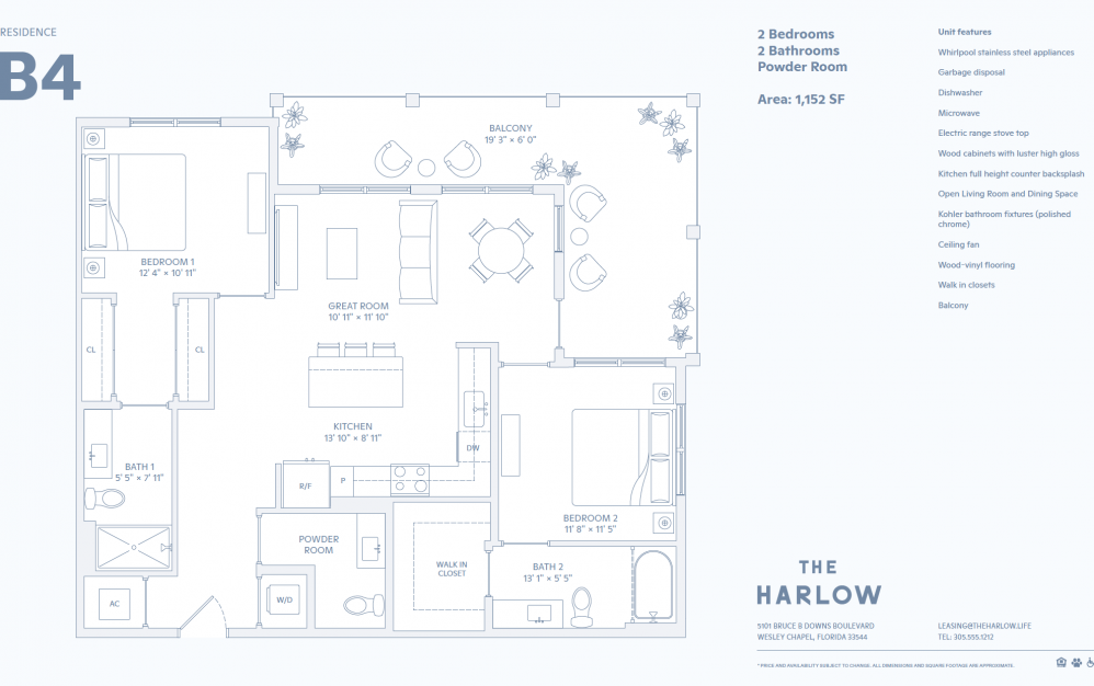 B4 - 2 bedroom floorplan layout with 2.5 baths and 1152 to 1156 square feet. (2D)