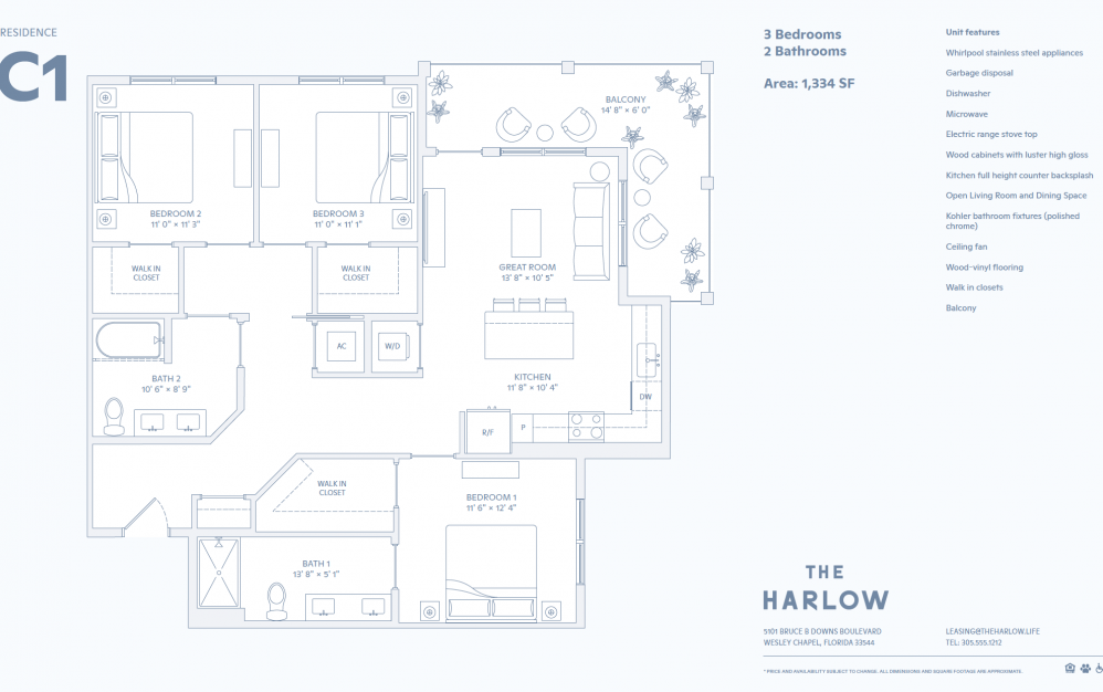 C1 - 3 bedroom floorplan layout with 2 baths and 1334 to 1385 square feet. (2D)