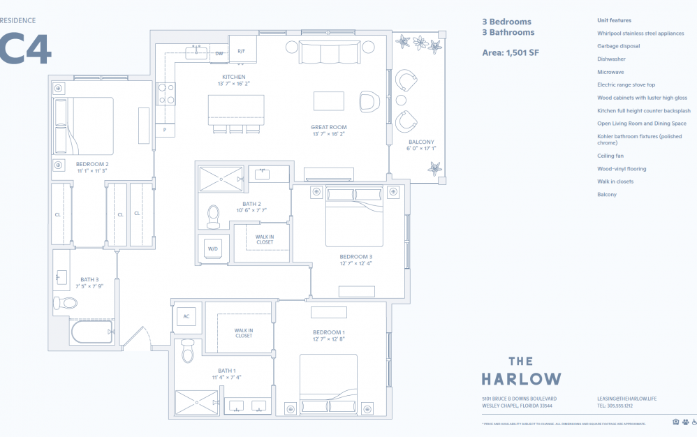 C4 - 3 bedroom floorplan layout with 3 baths and 1501 square feet. (2D)