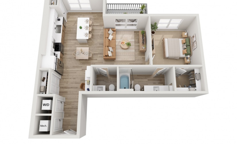 A2 - 1 bedroom floorplan layout with 1 bathroom and 893 square feet