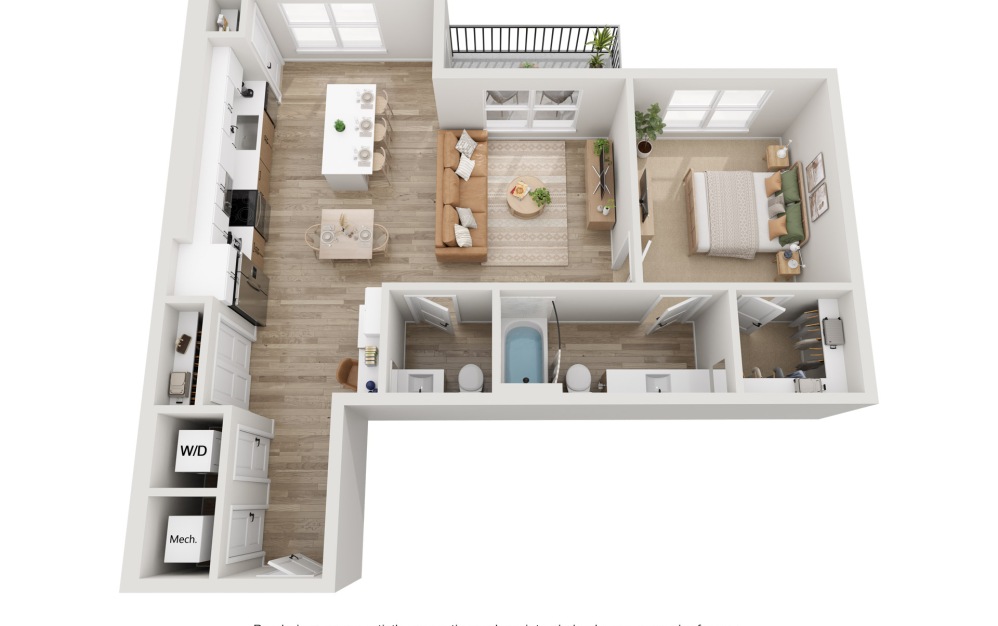 A2 - 1 bedroom floorplan layout with 1 bathroom and 893 square feet (3D)