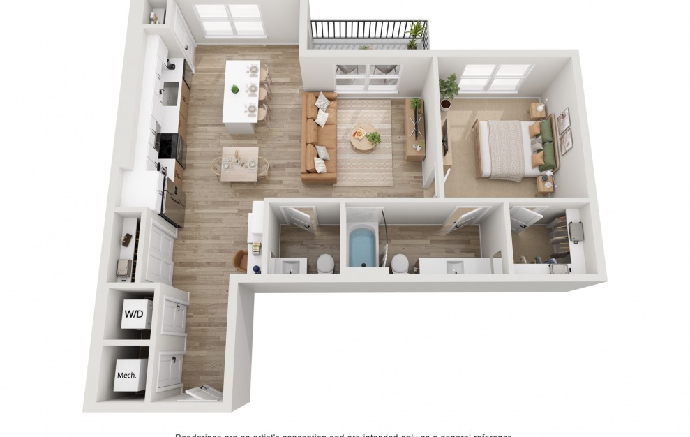 A2 - 1 bedroom floorplan layout with 1 bath and 893 square feet. (3D)