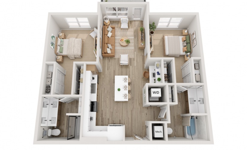 B1 - 2 bedroom floorplan layout with 2 bathrooms and 1101 square feet