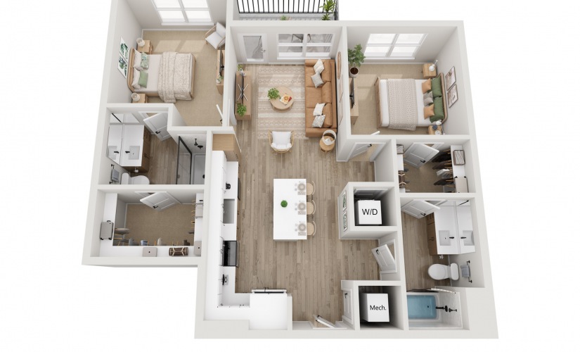 B2 - 2 bedroom floorplan layout with 2 bathrooms and 1003 - 1030 square feet