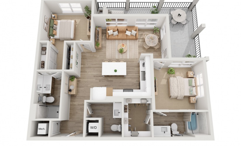 B4 - 2 bedroom floorplan layout with 2.5 bathrooms and 1152 - 1156 square feet