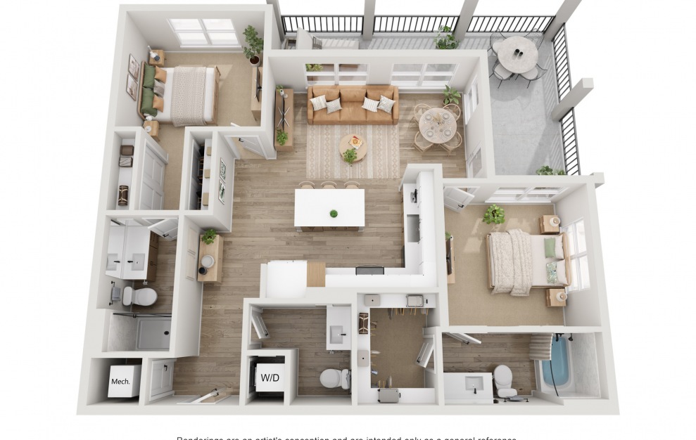 B4 - 2 bedroom floorplan layout with 2.5 baths and 1152 to 1156 square feet. (3D)