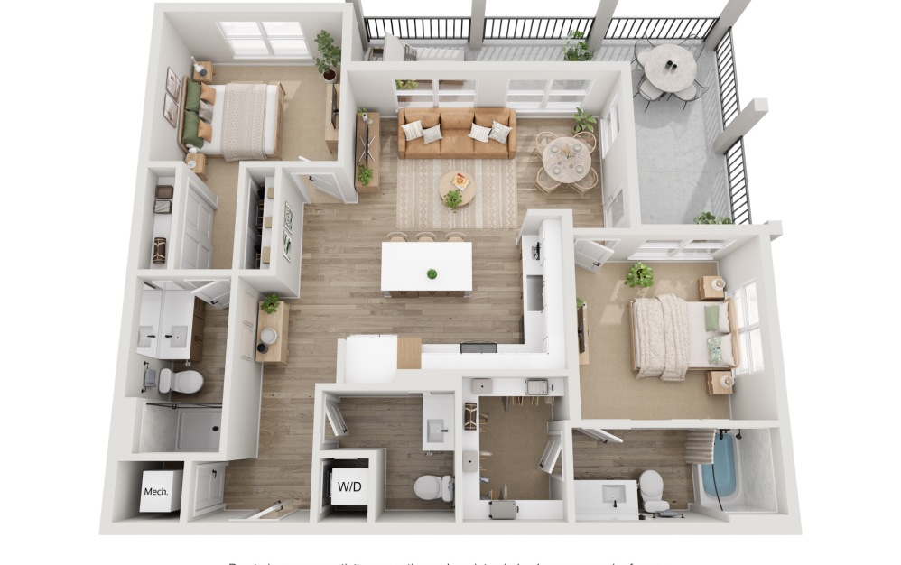 B4 - 2 bedroom floorplan layout with 2.5 bathrooms and 1152 - 1156 square feet (3D)