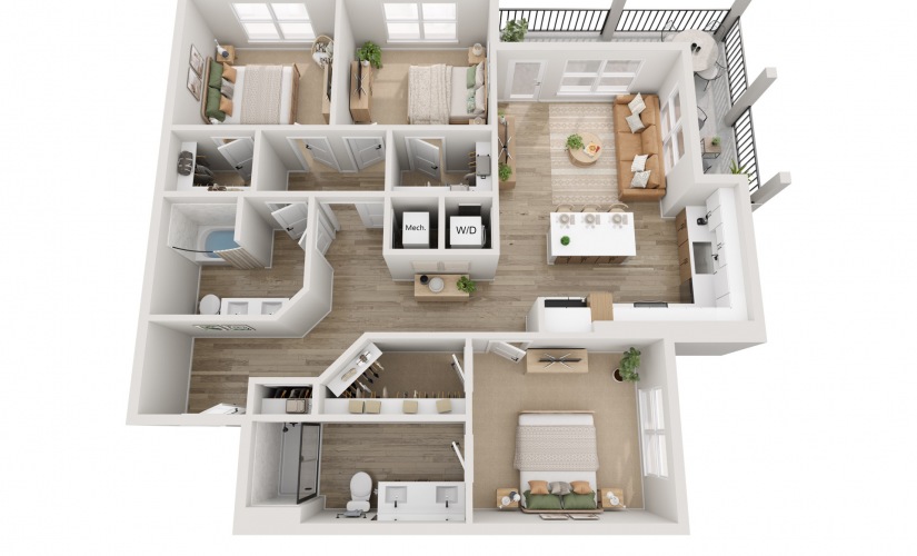 C1 - 3 bedroom floorplan layout with 2 bathrooms and 1334 - 1385 square feet