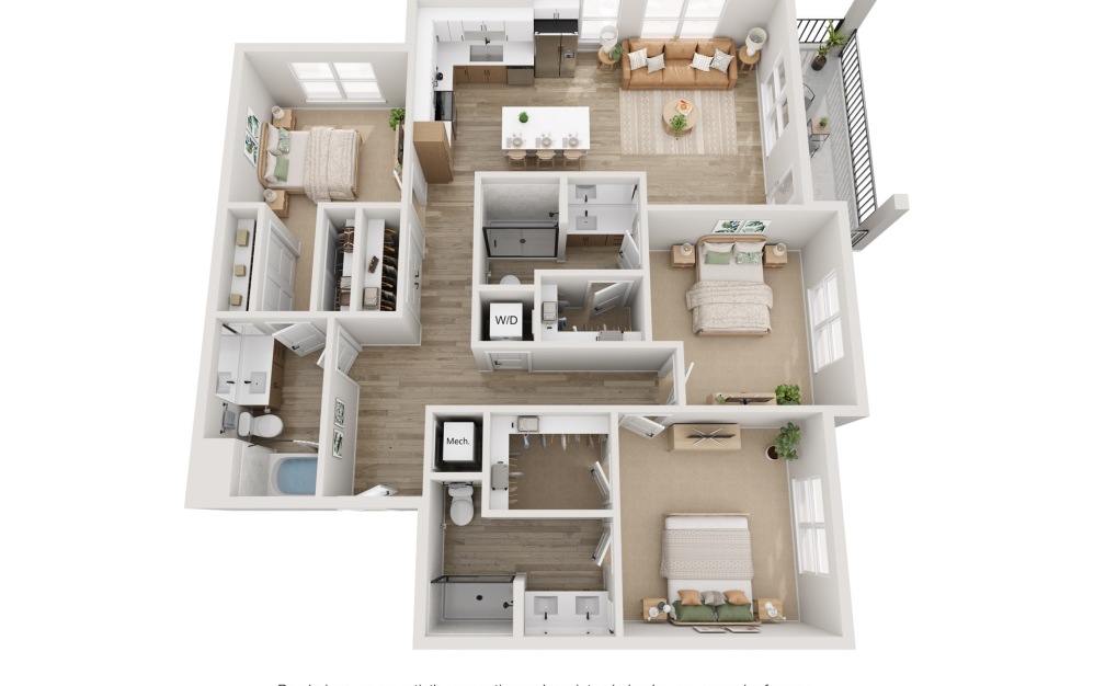 C4 - 3 bedroom floorplan layout with 3 bathrooms and 1501 square feet (3D)