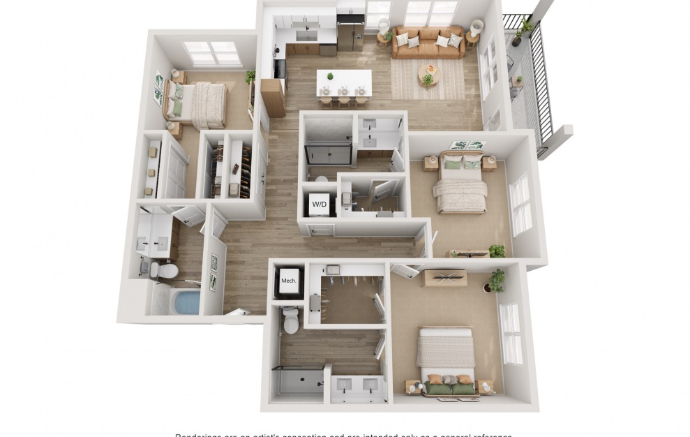 C4 - 3 bedroom floorplan layout with 3 baths and 1501 square feet. (3D)