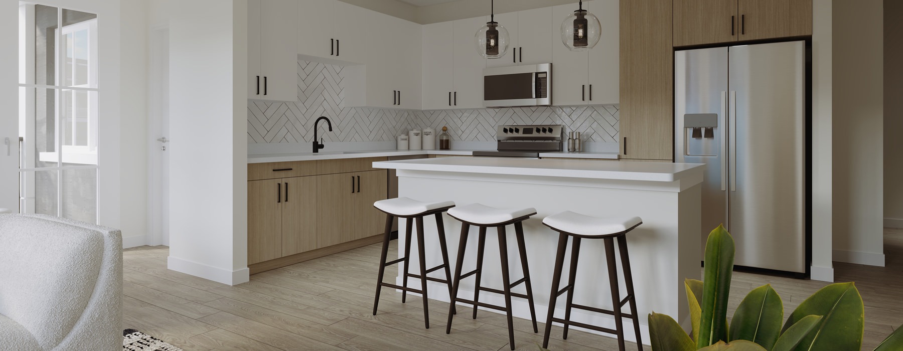 spacious kitchen with pendant lights over island